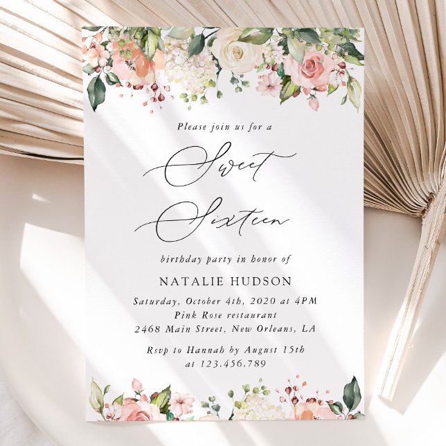 Invitation Fleurs roses, Fleurs blanches, Boho, Sweet 16 (Créateur téléchargé)