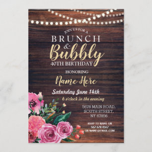 Invitation Fleurs roses florales au bois de Brunch & Bubbly L