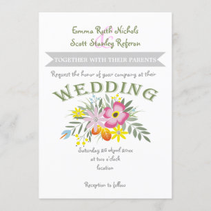 Invitation Fleurs roses folklore mariage moderne à fleurs flo