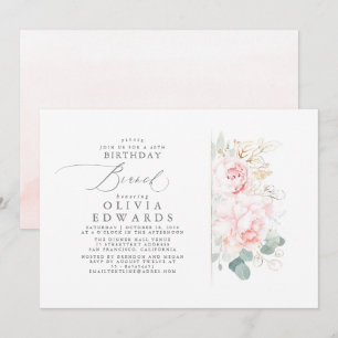 Invitation Fleurs roses Gold Feuilles Élégant Brunch d'annive