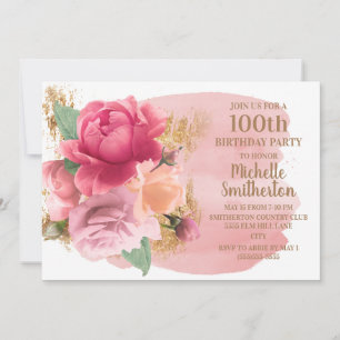 Invitation Fleurs roses Gold Parties scintillant 100e fête d'