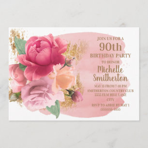 Invitation Fleurs roses Gold Parties scintillant 90e fête d'a