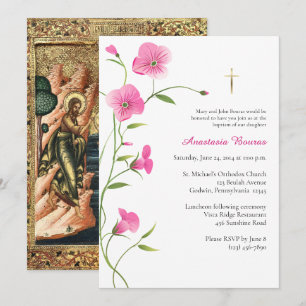Invitation Fleurs roses gracieuses Baptême chrétien orthodoxe