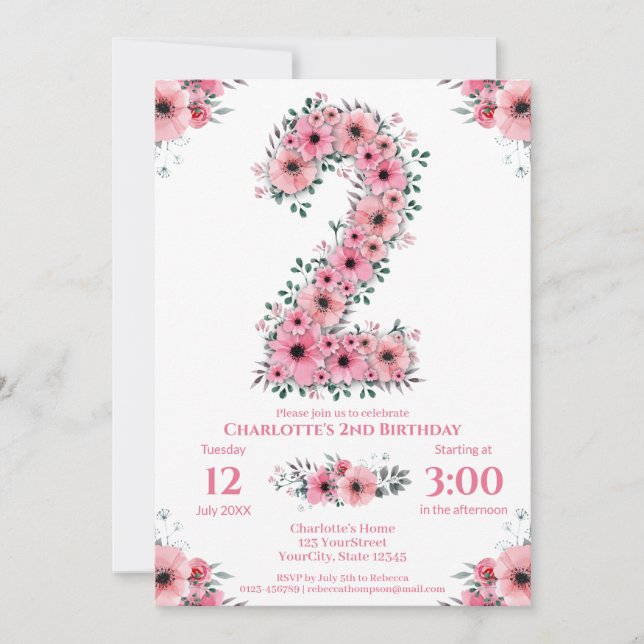 Invitation Fleurs roses Gros 2ème anniversaire fille Foliage  (Devant)