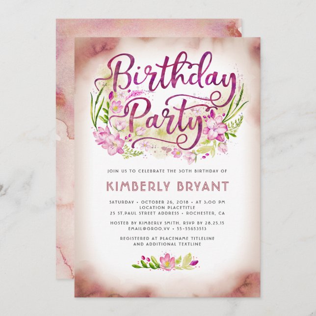 Invitation Fleurs roses Jardin Élégante Fête Florale Annivers (Devant / Derrière)