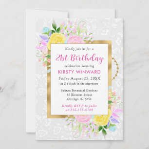 Invitation Fleurs roses, jaunes et bleues Anniversaire doré