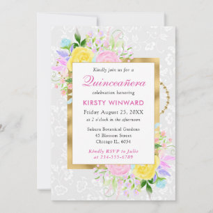Invitation Fleurs roses, jaunes et bleues Or Quinceanera