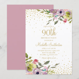 Invitation Fleurs roses jaunes Paillettes dorées 90e annivers