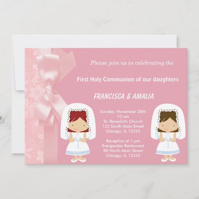 Invitation Fleurs roses Jumeaux de la Communion (Devant)