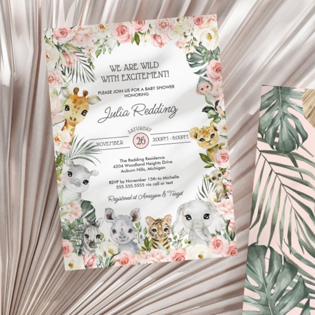 Invitation Fleurs roses Jungle Safari Animaux Baby shower (Créateur téléchargé)