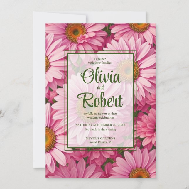 Invitation Fleurs roses marguerites rétro Mariage (Devant)