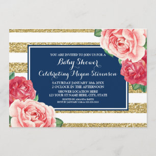 Invitation Fleurs roses Marine Bleu Bleu Baby shower à rayure