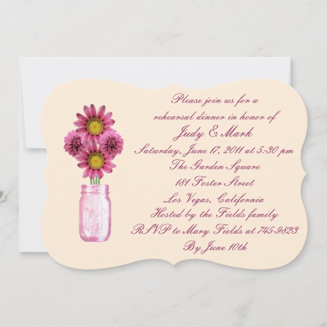 Invitation Fleurs roses Mason Jar Dîner de répétition Invitat (Devant)
