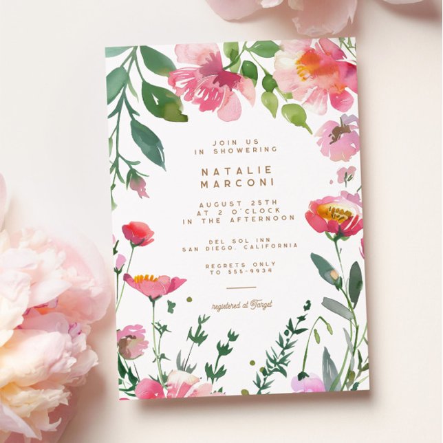 Invitation Fleurs roses modernes Fête des mariées Jardin d'or (Créateur téléchargé)