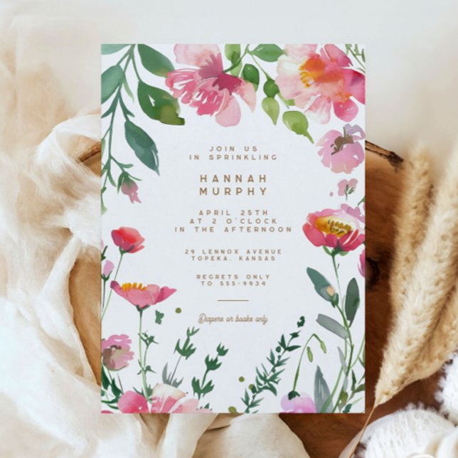 Invitation Fleurs roses modernes Gold Garden Girl Baby Sprink (Créateur téléchargé)