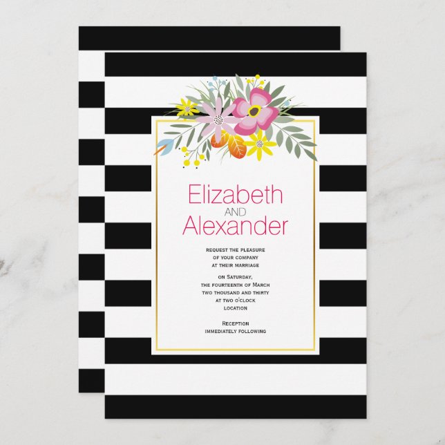 Invitation Fleurs roses, noir blanc rayures mariage florales (Devant / Derrière)