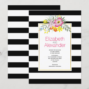 Invitation Fleurs roses, noir blanc rayures mariage florales