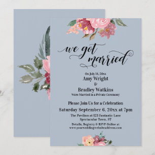 Invitation Fleurs roses Nous nous sommes mariés Script Bleu p
