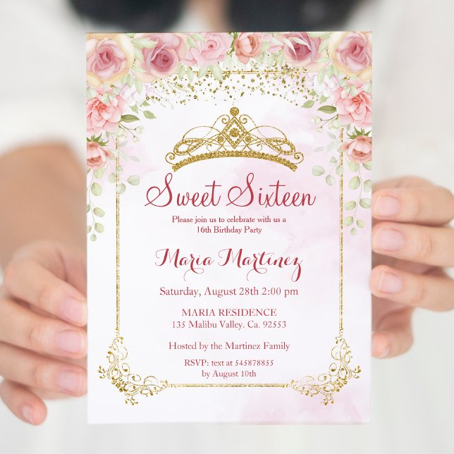 Invitation Fleurs roses Or Avec Parties scintillant Or Douce  (Créateur téléchargé)