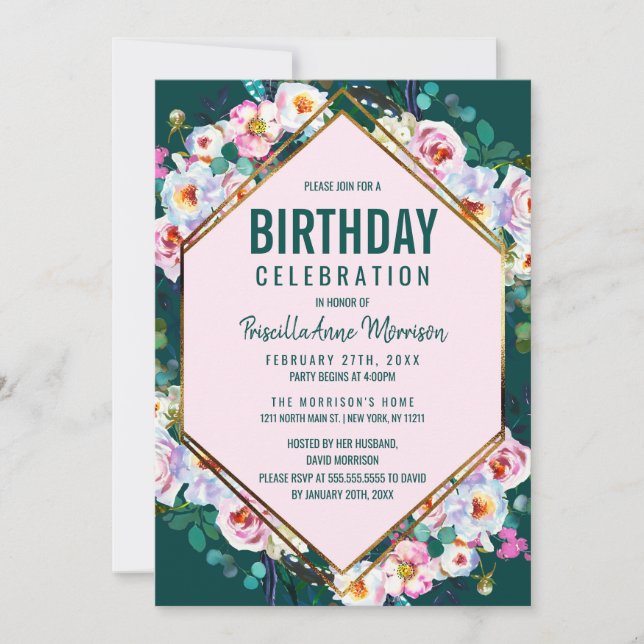 Invitation Fleurs roses Or Trim Emerald Jade Anniversaire (Devant)