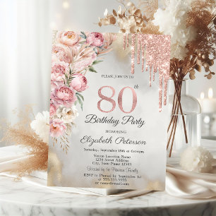 Invitation Fleurs roses paillettes gouttes or 80e anniversair