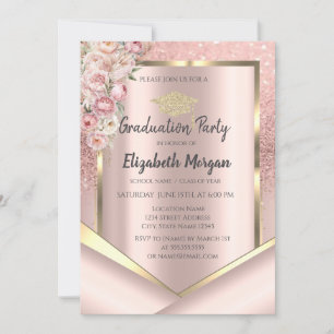 Invitation Fleurs roses paillettes or rose diplôme