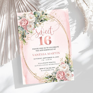 Invitation Fleurs roses pâles avec verdure Sweet Sixteen