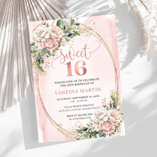 Invitation Fleurs roses pâles avec verdure Sweet Sixteen