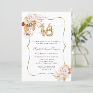 Invitation Fleurs roses Pampas Grass Sweet 16 Célébration