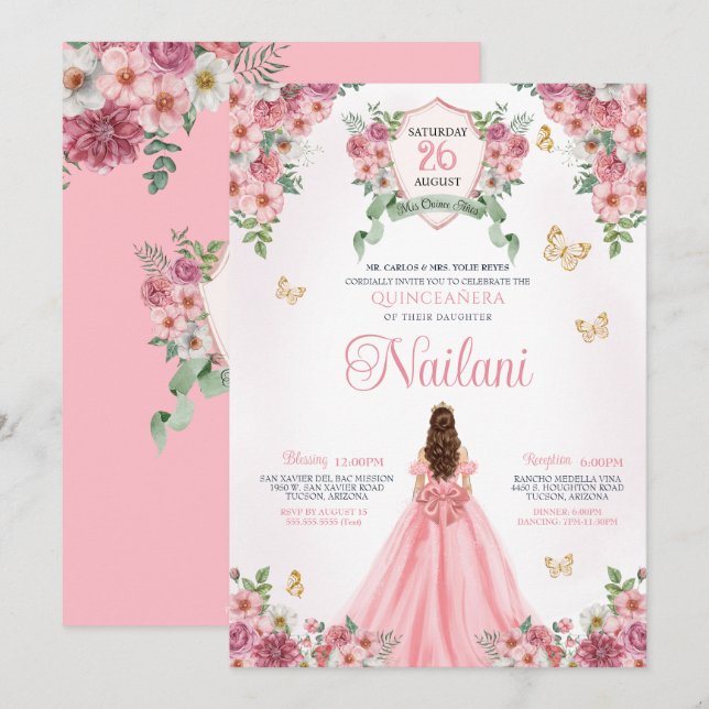 Invitation Fleurs roses Papillon Or rose Floral Quinceanera (Devant / Derrière)
