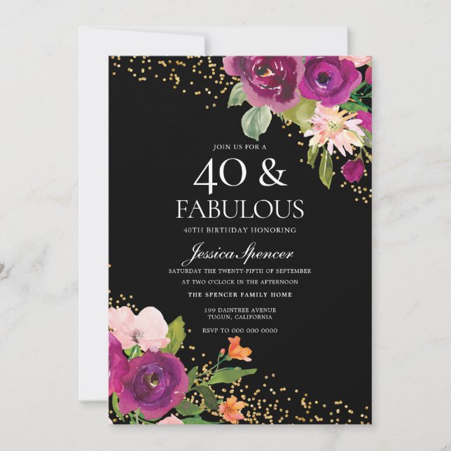 Invitation Fleurs roses Parties scintillant Black 40th Birthd (Devant)