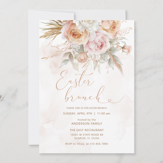 Invitation Fleurs roses Peach Brunch de Pâques (Devant)