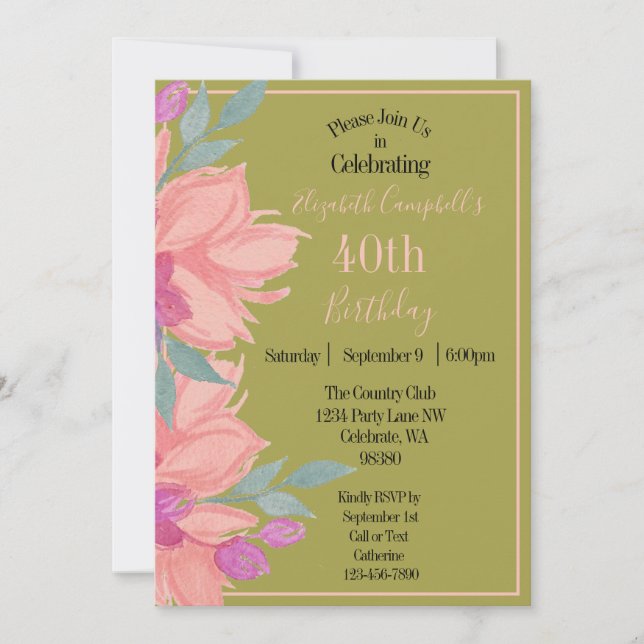 Invitation Fleurs roses personnalisées pour anniversaire (Devant)