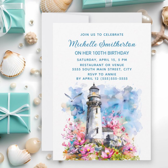 Invitation Fleurs roses phare 100e anniversaire (Lighthouse and cherry blossoms birthday party invitation)