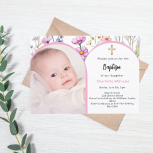 Invitation Fleurs roses photo arc fille croiser Baptême
