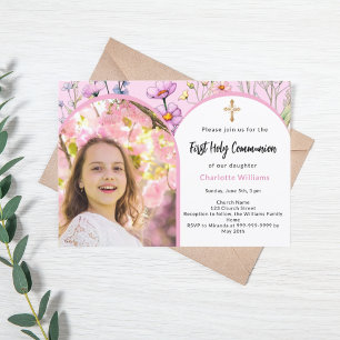 Invitation Fleurs roses photo arc fille Première communion sa