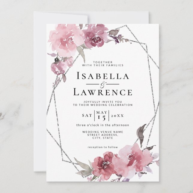 Invitation Fleurs Roses poussiéreuses Mariage à huile d'argen (Devant)
