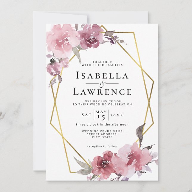 Invitation Fleurs Roses poussiéreuses Mariage à huile d'or ro (Devant)