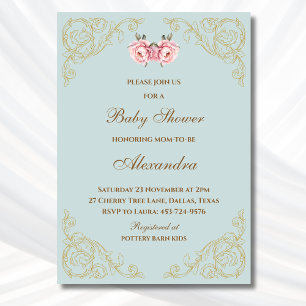 Invitation Fleurs roses Rococo Vintage Baby shower floral