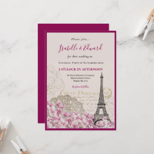 Invitation Fleurs roses romantiques Mariage Tour Eiffel Paris