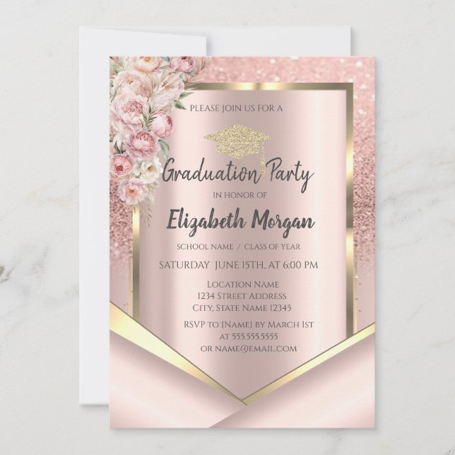 Invitation Fleurs roses Rose Parties scintillant or Graduatio (Devant)