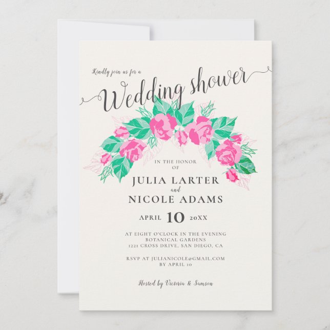 Invitation Fleurs Roses rose vert Jardin Mariage Douche (Devant)