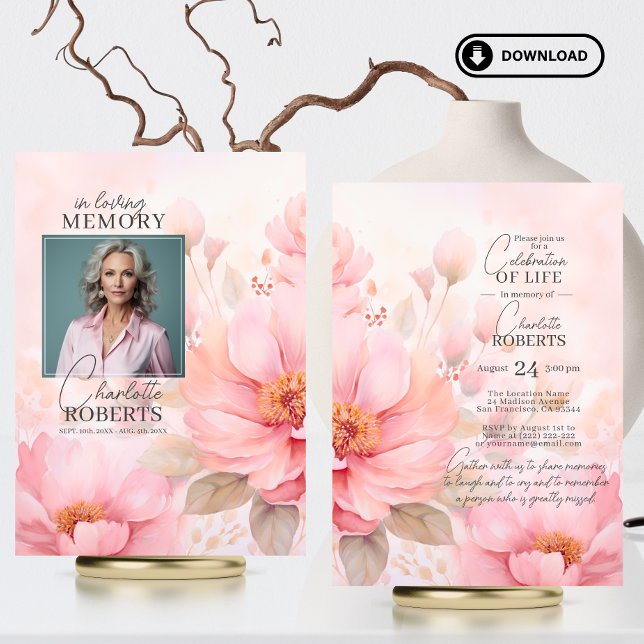 Invitation Fleurs roses roses Fête de la vie | PHOTO (Pink Roses Flowers Celebration of Life  PHOTO Invitation | Feminine, Woman | Digital Downloadable)