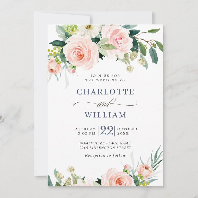 Invitation Fleurs Roses Rouges Aquarelle Verdure Mariage (Devant)