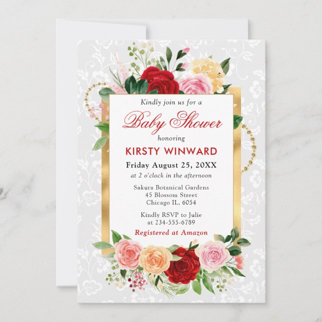 Invitation Fleurs Roses rouges et orange Baby shower or (Devant)