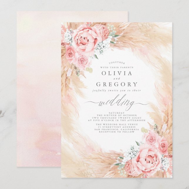 Invitation Fleurs Roses Rouges Pampas Mariage Grass Wreath (Devant / Derrière)