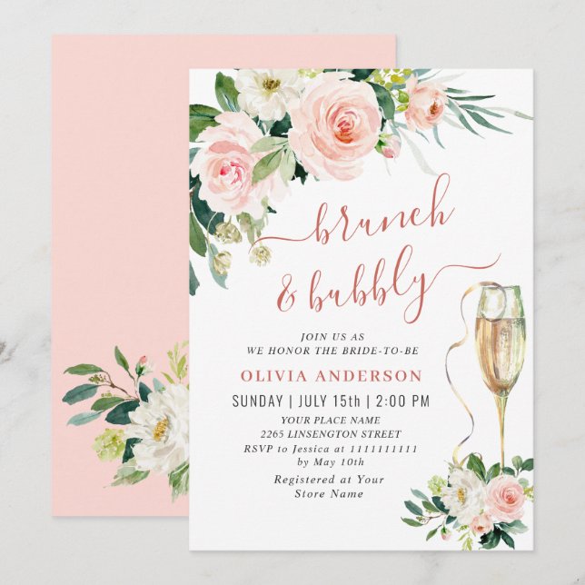 Invitation Fleurs roses rousses Aquarelle Brunch nuptial (Devant / Derrière)