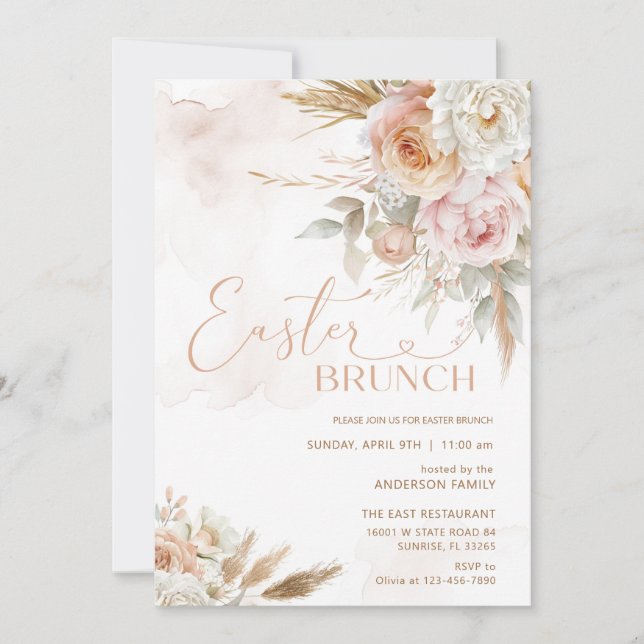 Invitation Fleurs roses rousses Brunch de Pâques (Devant)