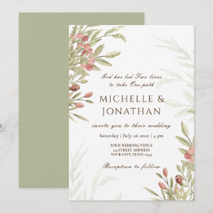 Invitation Fleurs roses rousses Verdure Mariage chrétien