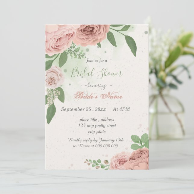 Invitation fleurs roses rousses vert feuille douche nuptiale (Debout devant)